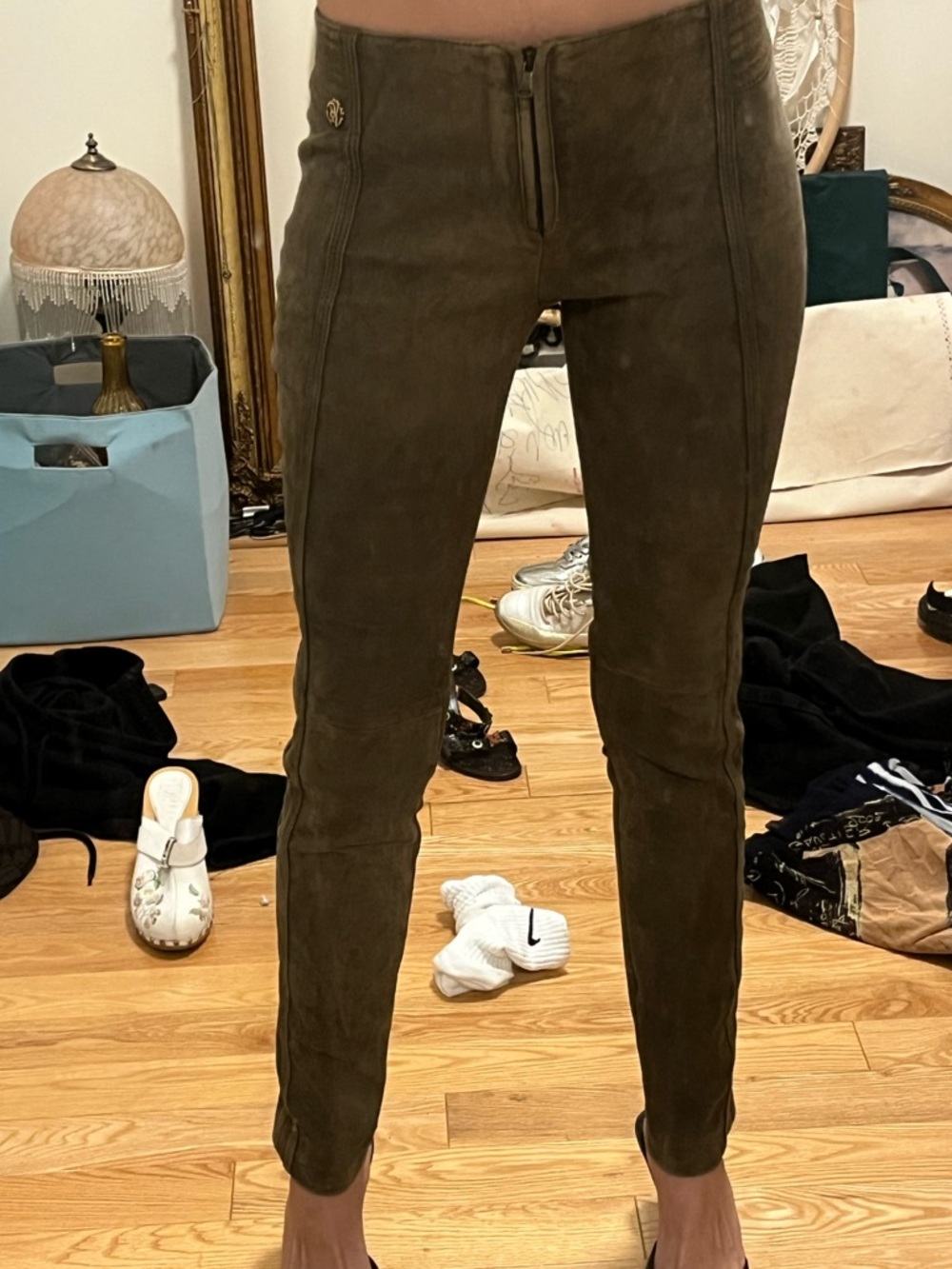 Roberto Cavalli Olive Suede Skinny Pants
